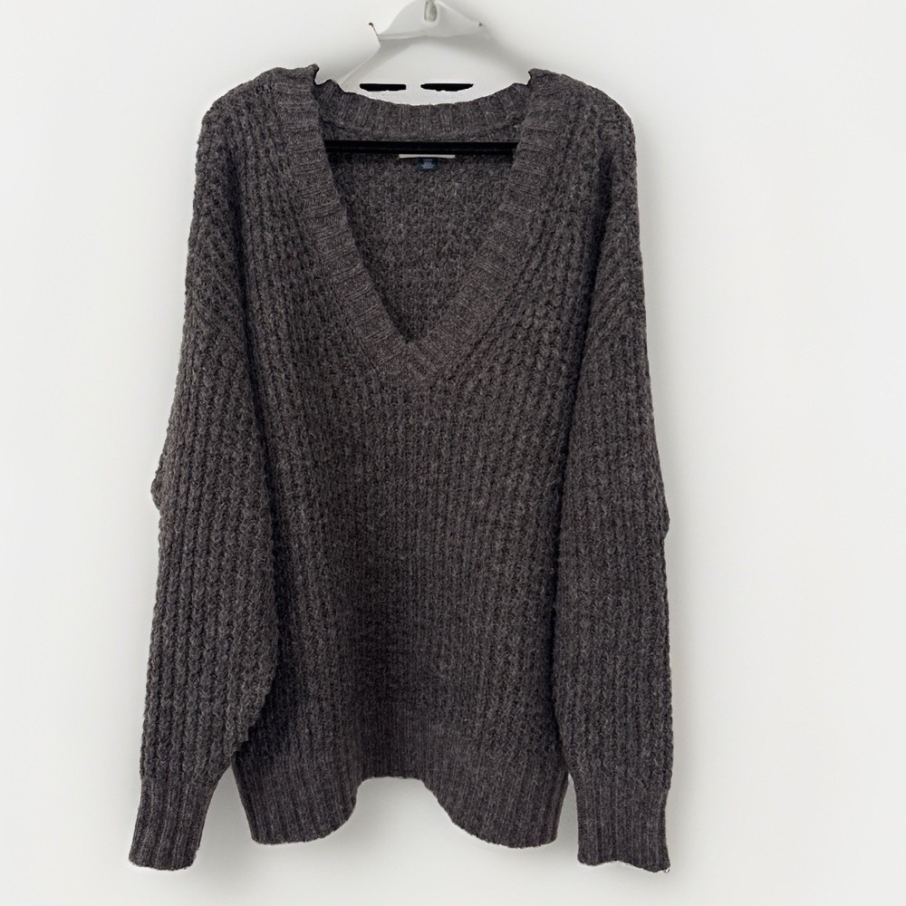 American Eagle Women's Whoa So Cozy Waffle Knit Sweater S Gray Oversized V-Neck